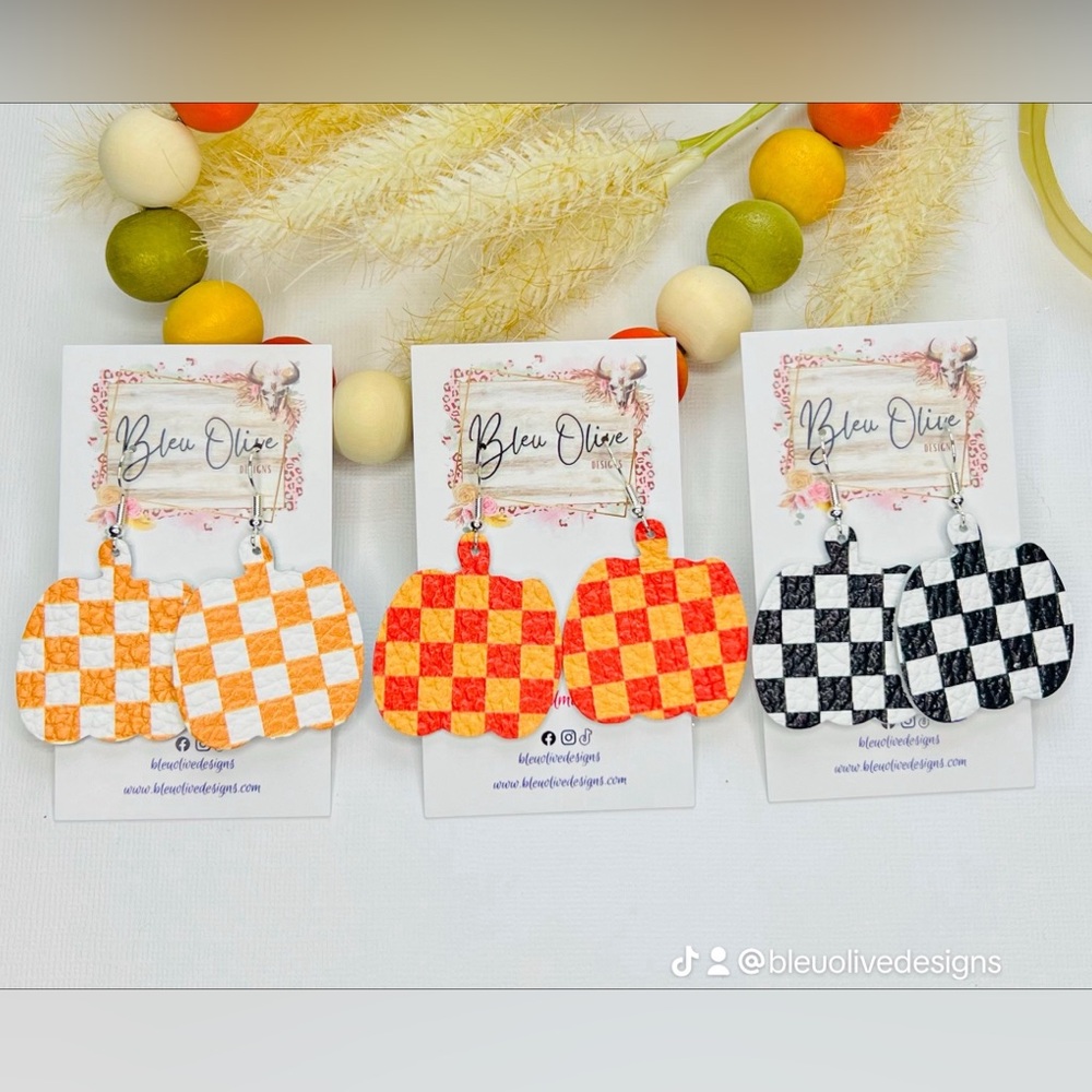Checkerboard Pumpkin Leather Earrings 🎃